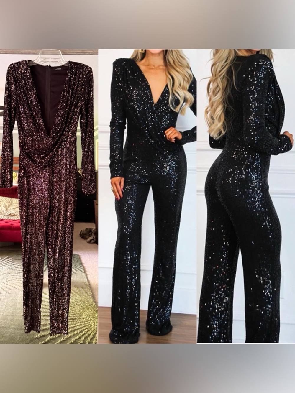 Banjul Black Sequin Wrap Long Sleeve Jumpsuit - Black Small